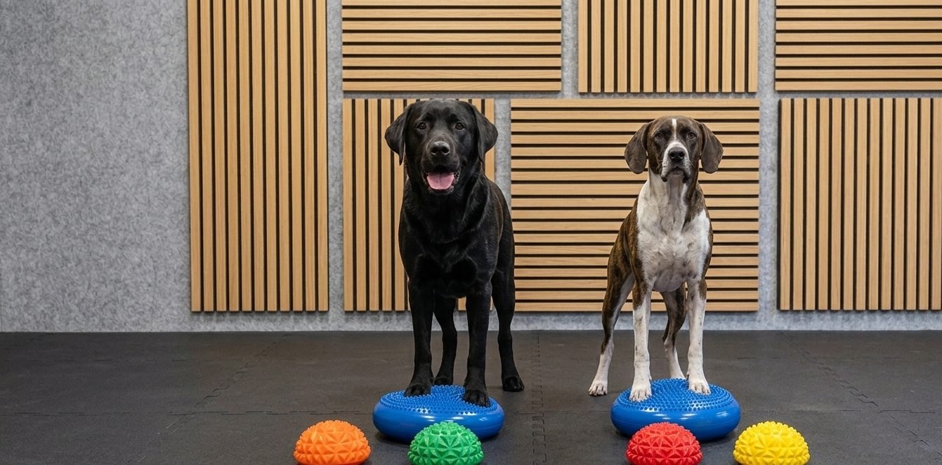 Zwei Hunde beim Gleichgewichtstraining auf Balance-Kissen im Therapiestudio